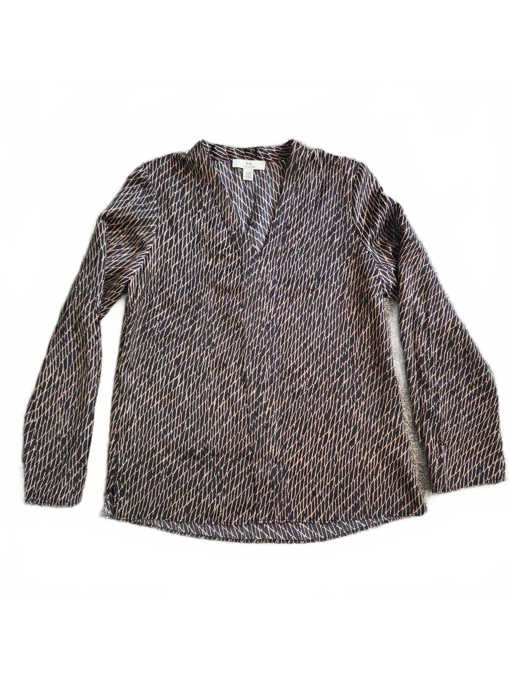 Halston Black Net Patterned V-Neck Long Sleeve Blouse XS